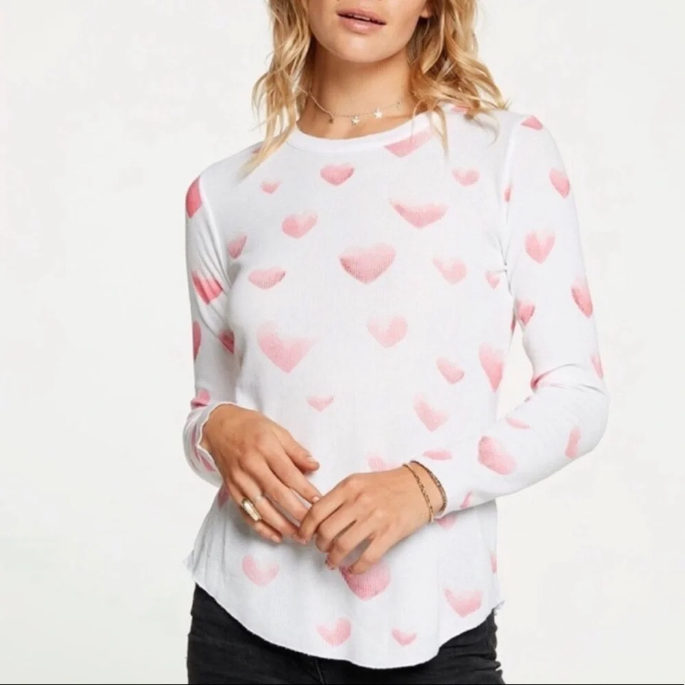 NWT Chaser White with Pink Ombré Hearts Thermal Knit Crew Neck Long Sleeve Shirt - Picture 15 of 15